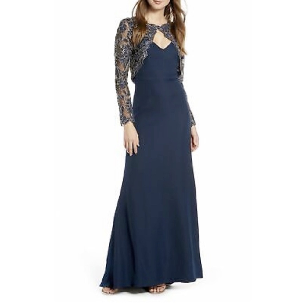 Tadashi Shoji Navy Blue Darya Embroidered Crepe Maxi Cocktail Gown Womens 4